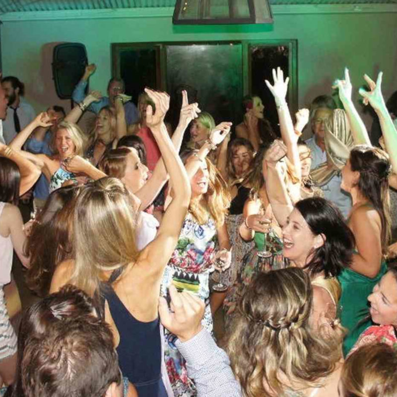 Wedding reception dance floor with DJ lighting and sound system